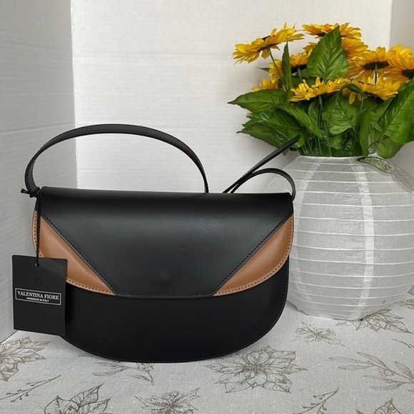 NWT Valentina Fiore Italian Black and Brown Leather Crossbody - Picture 6 of 16